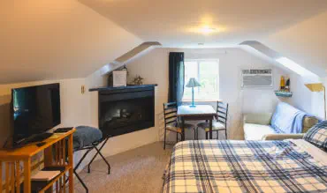 tv and gas fireplace and small seating area in suite