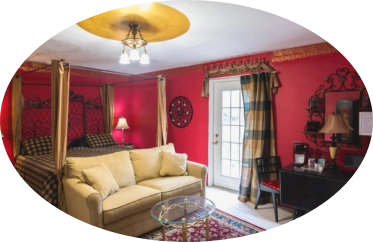 eiffel tower retreat with red walls and rich decor