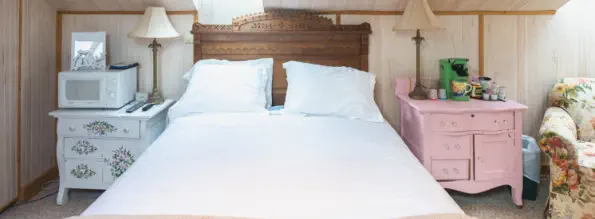 queen bed with skylights and microwave